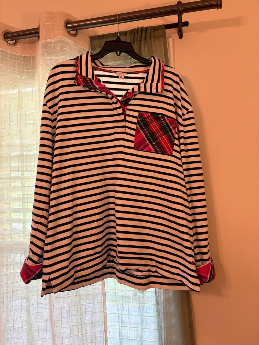 crown & ivy Navy White Striped Pullover with Red Plaid Trim